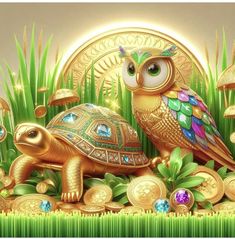 an owl sitting on top of a turtle surrounded by coins and mushrooms in the grass