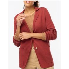 Elevate Your Workwear Wardrobe With This J.Crew Sweater Blazer. The Terracotta Red Color And Classic Design Make It A Versatile Piece For Any Occasion. The Two-Button Blazer Features Long Sleeves, Pockets, And Button Accents, Perfect For A Business Meeting Or A Night Out In The City. Made Of Comfortable Cotton Material, This Sweater Blazer Is Ideal For The Fall And Winter Seasons. It's A Must-Have For Any Preppy Or Stylish Woman's Wardrobe. Jcrew Sweater Blazer, J Crew Sweater Blazer, Workwear Wardrobe, J Crew Sweater, Ribbed Turtleneck Sweater, Cashmere Sweater Women, Jcrew Sweater, Sweater Blazer, Roll Neck Sweater