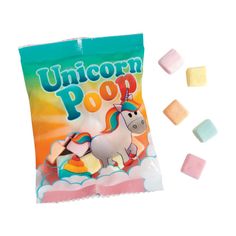 a bag of unicorn poop next to marshmallows on a white background