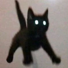 a black cat with glowing eyes jumping in the air