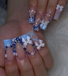 Acrylic Nails Light Blue Design, Nail Ideas Acrylic Light Blue, Turquoise Square Nails, Cinderella Aesthetic Nails, Gem Nail Designs Simple, Baby Blue Duck Nails, Jean Nail Design, Baby Blue Acrylic Nails Designs Ideas, Light Blue Nails Christmas