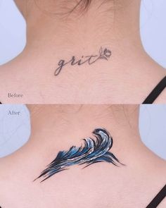 the back of a woman's neck has a tattoo on it that reads grizz