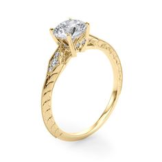 This romantic ring features 1/15 ctw. of radiant diamonds that extend down the band. A 0.33 - 1.25 ct. round shape stone can be set with this ring.This ring can be customized for other stone sizes or shapes. Please contact us for assistance. Promise Rings With Side Stones In Cubic Zirconia, Diamond Promise Jewelry With Side Stones, Promise Ring With Side Stones, Promise Diamond Ring With Radiant Cut And Diamond Accents, Promise Diamond Ring With Radiant Cut Accents, Promise Diamond Ring With Side Stones In Cubic Zirconia, Promise Diamond Ring With Radiant Cut, Cubic Zirconia Diamond Ring With Side Stones For Promise, Yellow Gold Diamond Stackable Rings With Center Stone