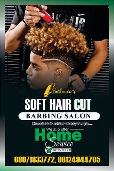 an advertisement for a hair salon featuring a man cutting another mans's hair with scissors