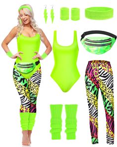 PRICES MAY VARY. Complete 80s Costume Set: the 80s workout outfit includes 1 piece of retro 80s or 90s swimwear, 1 pair of jogging leggings, 1 pair of leg warmers, 1 piece of headband, 1 pair of wristbands, 1 pair of earrings and 1 piece of fanny pack, which can satisfy your needs for 80s costume accessories Retro and Attractive: the 80s workout costumes for women adopt retro style and bright pink color, cool and comfy; You can wear them in combination or separately, to match well with your shir 80s Leg Warmers, Workout Costume, 80s Workout Costume, 80s Workout Outfit, 80s Workout Clothes, Bright Leggings, Black 90s Fashion, 80s Accessories, Jogging Leggings