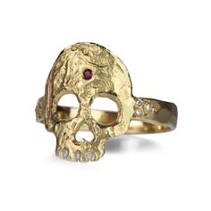 A 14k yellow gold ring featuring a central skull motif with diamond teeth and a small ruby. Skull measures 1/2" x 5/8". Size 7. Handcrafted in Los Angeles, CA, U.S Diamond Teeth, Vintage Gold Rings, Designer Diamond Jewellery, Cute Engagement Rings, Gold Teeth, Medieval Jewelry, Hammered Band, Simple Diamonds, Dope Jewelry