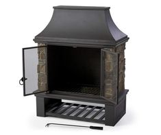 an outdoor fireplace with the door open to show it's grill and shelves underneath