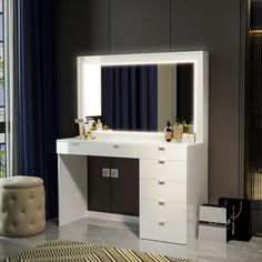 a bathroom with a vanity, mirror and stool in front of a window that has blue curtains