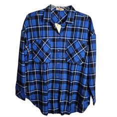 Sslr Women's Collection Blue Plaid Flannel Long Sleeve Shirt New With Tag This Shirt Has A Raw Rough Edge Hemline As Pictured Button Up Front, Chest Pockets, Cotton And Polyester Fabric Blend Fall Winter Grunge Layer With Band Tees Or A Solid Color T-Shirt Size Large All Measurements Are Taken Laying Flat. Length- 32 Inches Chest- 24 Inches Armpit To Armpit Inv# 250 **All Items Come From A Smoke Free Home**Trustworthy And Honest Seller** 5 Star Seller Fast Shipper Posh Ambassador Ii Blue Flannel Top With Button Closure, Blue Collared Flannel Top, Trendy Blue Winter Shirt, Blue Flannel Button-up Top, Blue Flannel Winter Top, Blue Flannel Tops For Winter, Trendy Blue Flannel Shirt For Fall, Blue Collared Flannel Shirt For Fall, Blue Flannel Tops For Fall