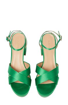 Sleek satin creates visual intrigue on an ankle-strap sandal balanced by a bold platform and wrapped block heel. 2 1/2" heel Textile upper/leather lining/synthetic sole Made in Italy Green Heel Strap Sandals For Evening, Evening Green Sandals With Heel Strap, Green Evening Sandals With Heel Strap, Green Evening Sandals With Wrapped Heel, Green Block Heel Sandals For Evening, Green Evening Sandals With Block Heel, Green Block Heels For Summer Evenings, Green Block Heels For Evening Summer Events, Green Platform Sandals For Evening