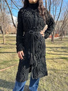 Each custom order takes two or more weeks to complete, so please factor in this timeline if you are planning to wear it to an event. You can order your own size and colors. Crochet Coat Pattern, Fashion Cardigan, Knitted Jacket, Crochet Coat, Irish Lace Crochet, Irish Lace, Crochet Jacket, Jacket Fashion, Cocktail Evening Dresses