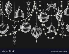 christmas ornaments hanging from strings on a blackboard background with stars and snowflakes