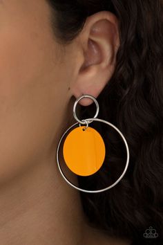 "POP, Look, and Listen": A Marigold disc swings from two interlocking silver hoops, creating a flirtatious pop of color. Earring attaches to a standard post fitting. Sold as one pair of earrings. Bedazzled Jewelry, Orange Earrings, Paparazzi Accessories, White Rhinestone, Affordable Jewelry, Paparazzi Jewelry, Pop Of Color, Trendy Accessories, Silver Accents