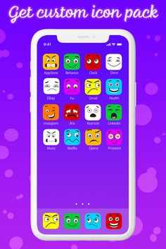 an app with different emoticions on it and the text get custom icon pack