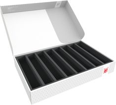 an open white box with black dividers on the lid and bottom, revealing eight compartments