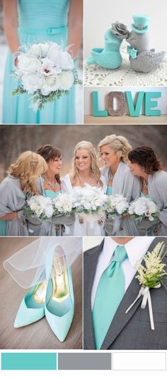 a collage of different pictures with blue and gray colors, including shoes, flowers, and bridesmaid's bouquets