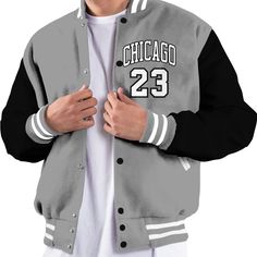 Brand Dunkare Black Wolf Grey 12s Varsity Jacket Custom Name Chicago 23 All Over Print Baseball Varsity Jacket Grey 4s, Baseball Varsity Jacket, Cement Gray, Black Wolf, Custom Name, Jacket Outfits, All Over Print, Cement, Varsity Jacket