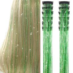 New Product [Easy To Install]:Upgraded Clip In Hair Tinsel Has A Metal Clip Design . Now You Just Need To Open And Close The Tension Clip To Remove And Installation. The Simple Operation Saves Time. You Can Easily Incorporate The Glitter Into Your Hair And Instantly Become "Highlight Glitter" Which Allows You To Change Your Hairstyle Quickly And Easily And Very Firmly Installed In The Position You Want [High Quality] Clip In Tinsel Hair Extensions Are Made Of 100% Durable Polyester Fiber . No Ba Green Extensions Hair, Green Hair Tinsel, Glitter Extensions, Platinum Hair Extensions, Green Hair Extensions, Loc Extensions Human Hair, Tinsel Hair Extensions, Tinsel Hair, Musical Costumes