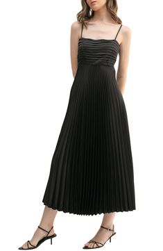 Make an elegant appearance in this gracefully pleated midi dress fashioned with an Empire waist and A-line silhouette. 49" length Hidden back-zip closure Square neck Partially lined 100% polyester Dry clean Imported A-line Dresses, Daytime Dresses, A Line Dresses, Pleated Midi Dress, Satin Midi Dress, Sweaters And Leggings, Comfortable Dress, Jeans Dress, Empire Waist