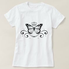 A elegant design featuring a Monarch butterfly with a crown hovering, under a simple swirl design with dots around the image. This is 100% made by me, no clip art used. Butterfly T Shirt Design, Butterfly Dresses, Design With Dots, Htv Ideas, Free T Shirt Design, Butterfly T Shirt, Butterfly Shirt, Mother Shirts