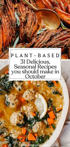 a bowl of soup with carrots and spinach next to a plate of baked sweet potatoes