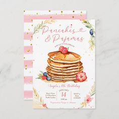 pancakes and syrups birthday party card with flowers on the front, pink striped background