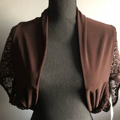 La Belle Women’s Bolero Shrug Jacket Brown With Little Bit Of Gold Size L Chic Brown Stretch Outerwear, Chic Stretch Brown Outerwear, Brown Spring Cape Outerwear, Brown Cape-style Outerwear For Spring, Brown Cape For Spring Season, Brown Stretch Outerwear For Layering, Elegant Spring Shawl Outerwear, Vintage Fitted Cape Outerwear, Shrug Jacket