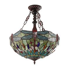 a stained glass light fixture hanging from a ceiling fan with dragonflys on it