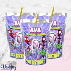 two birthday bags with spiderman characters on them and the words amazing friends printed on them