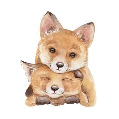 two baby foxes cuddle together on their mother's back in this watercolor painting