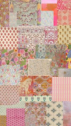 an assortment of different patterns and colors on fabric, including pinks, oranges, blue