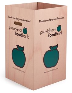 two wooden boxes with the words providence food bank and an apple on one side that says thank you for donation