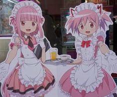 two anime characters standing next to each other in front of a table with food and drinks on it