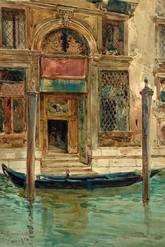 a painting of a gondola in front of a building