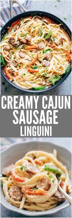 creamy cajun sausage linguini in a skillet with the title above it