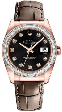 116185BBR | M116185BBR-0008 ROLEX DATEJUST 36 MEN'S OR WOMEN'S WATCH Usually ships within 3 months | View In Stock Rolex Watches - Free Overnight Shipping - With Manufacturer Serial Numbers - Swiss Made - Black Dial Set with Diamonds - Diamond Bezel - Date Feature - 48 Hour Power Reserve - Self-winding Automatic Movement - Caliber 3135 - 6 Year Warranty - Guaranteed Authentic - Certificate of Authenticity - Manufacturer Box & Manual - Solid 18k Everose Gold Case - Brown Leather Strap with Pattern - Scratch Resistant Sapphire Crystal - 100 Meters / 330 Feet Waterproof - 36mm = 1 1/3" Case, 6" Adjustable Strap - Bidirectional Rotating Bezel - Screw Down Crown & Case Back - Deployment Buckle     Also Known As Model # 116185BBR-BLKDS Army Watches, Rolex Watches For Men, Brown Leather Watch, Affordable Watches, Blue Watches, Rolex Men, Rolex Watch, Rolex Oyster Perpetual, Rolex Oyster