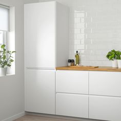 a kitchen with white cabinets and potted plants