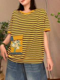 Women Casual Summer Stripe Patch Pocket Shirt Yellow Summer Blouse With Pockets, Yellow Blouse With Pockets For Summer, Striped Tops With Pockets For Spring, Spring Yellow Tops With Pockets, Spring Crew Neck Shirt With Pockets, Casual Striped Tops With Pockets, Yellow Tops With Pockets And Relaxed Fit, Striped Crew Neck Cotton Blouse, Striped Cotton Crew Neck Blouse