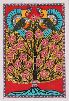 an intricately decorated tree with two birds on it's branches and pink flowers