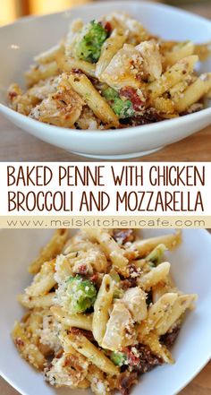 baked penne with chicken, broccoli and mozzarella in a white bowl