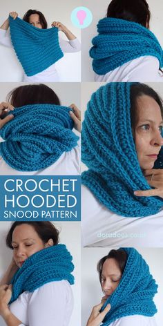 a collage of 6 images of the crochet hood in a snood pattern showing it being worn different ways from different angles. A text overlay reads crochet hooded snood pattern. Crochet Hooded Scarf Pattern, Hooded Scarf Pattern, Snood Pattern, Crochet Snood, Crochet Cowl Free Pattern