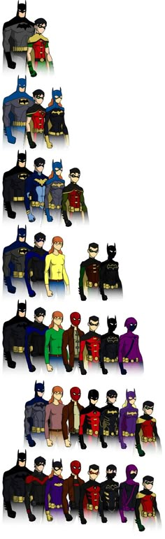 a group of people dressed up as batmans in different colors and sizes, all standing together