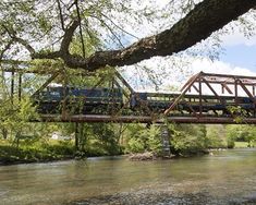 a train crossing a bridge over a river