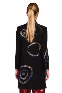 'CRYSTAL SWIRLS' SLIM V-NECK COAT - COATS - Libertine Collarless Coat, Black Coat, Made In Usa, Cold Shoulder Dress, Tunic Tops, Knitwear, Jackets & Coats, Long Sleeve Dress, Angeles