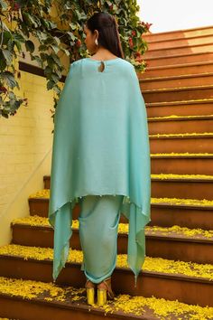 Blue kaftan with zardozi embroidered floral patterns and bead embellishments. Comes with a draped skirt. - Aza Fashions Blue Kaftan, Embroidered Kaftan, Draped Skirt, Cape Sleeves, Skirt For Women, Skirt Pattern, Floral Patterns, Aza Fashion, Floral Pattern