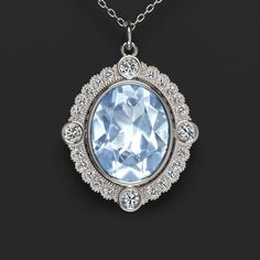 This gorgeous vintage inspired pendant features a bright blue aquamarine surrounded by an elegant scalloped diamond halo. The scalloped design and fine milgrain details gives this pendant a touch of vintage flair and an air of Art Deco glamour. The 2.28ct aquamarine is eye clean and sparkles in dazzling flashes. The blue of the aquamarine is well saturated and vibrant, reminiscent of the sky on a summer day. The accent diamonds add substantial sparkle. They are all bright white and completely ey Elegant Aquamarine Necklace, Elegant Aquamarine Jewelry With Rose Cut Diamonds, Elegant Oval Aquamarine Necklace, Elegant Oval Aquamarine Necklaces, Classic Light Blue Oval Jewelry, Elegant Oval Necklace With Center Stone, Classic Oval Aquamarine Jewelry, Oval Aquamarine Jewelry With Diamond Accents, Oval Blue Topaz Halo Jewelry