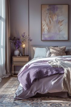 29 Lavender Boho Bedroom Ideas 14 Soft Lavender Bedroom, Lilac And Wood Bedroom, Good Room Colors, Lavendar Bedrooms, Violet Bedroom Ideas, Light Lavender Bedroom, Lavender And Sage Bedroom, Lavender Boho Bedroom, Colors For A Bedroom