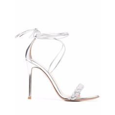 Gianvito Rossi Ladies Sandals. SKU: G61678.15RICBNS. Shoe Style: Stilettos. Vamp Style: Tie Up. Upper Material: Leather. Lining Material: Leather. SoleMaterial: Leather. Gianvito Rossi Ladies Leomi 105mm Braided Sandals. Metallic sheen. Braid detailing. Open toe. Tie-fastening ankle strap and branded leather insole. Made in Italy. Please visit the brand website for sizing information. Size: 8.  Gender: female.  Age Group: adult. Gianvito Rossi Heels, Silver High Heels, Rossi Shoes, Braided Sandals, Womens Stilettos, Silver Sandals, Embellished Sandals, Stiletto Sandals, Prom Shoes