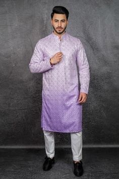 Ombre lavender kurta with geometric embroidered motifs in mirror work and mandarin collar. Comes with a pant. - Aza Fashions Lavender Colour Kurta For Men, Diwali Kurta For Men, Lavender Kurta Men, Purple Kurta For Men, Diwali Fits, Mirror Work Kurta, Ethenic Wear, Indian Groom Dress, Wedding Kurta