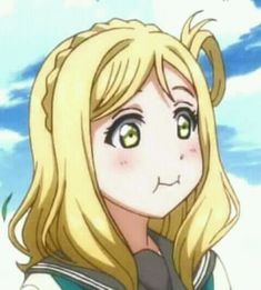 an anime character with long blonde hair and green eyes looking at the camera while standing in front of a blue sky